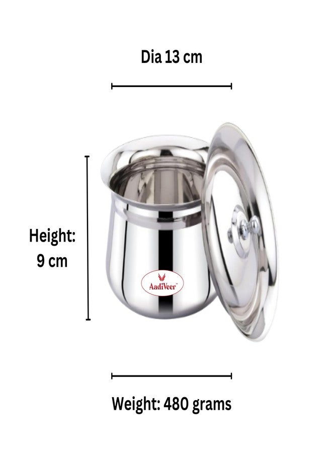 AadiVeer 1350ml Stainless Steel Handi | Steel Pot | Milk Pot | Dahi Handi with Lid & Knob, Dia - 13cm, Heavy Guage High Polished, Silver - Image 3